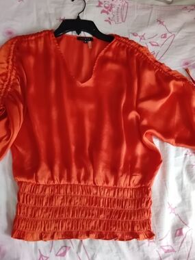 1. State Satin Smock Waist V-Neck Dolman Ruched Sleeve Peplum Blouse Sz S